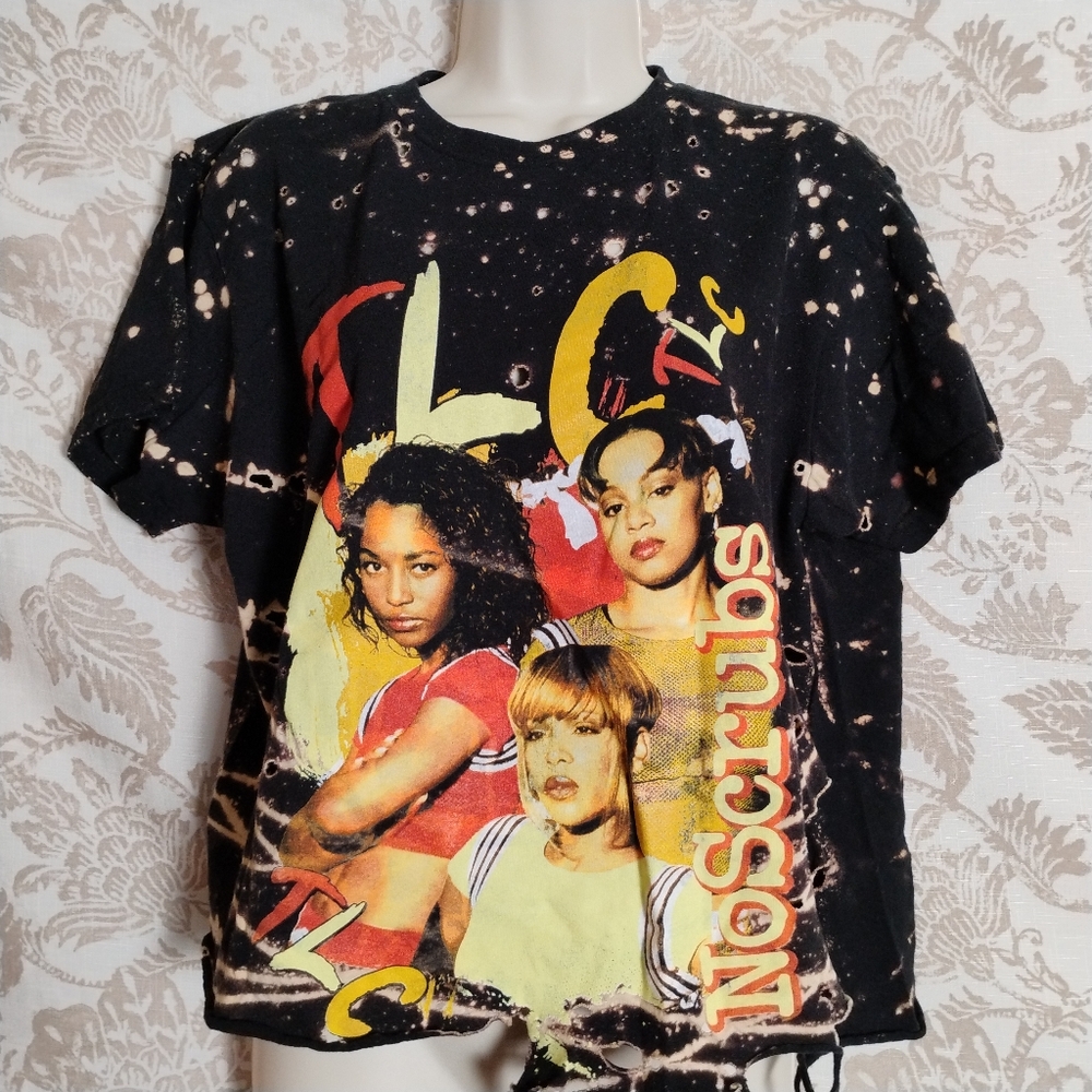 TLC “No Scrubs” Custom Bleach Distressed Band Tee One-of-a-Kind Y2K Grunge Crop
